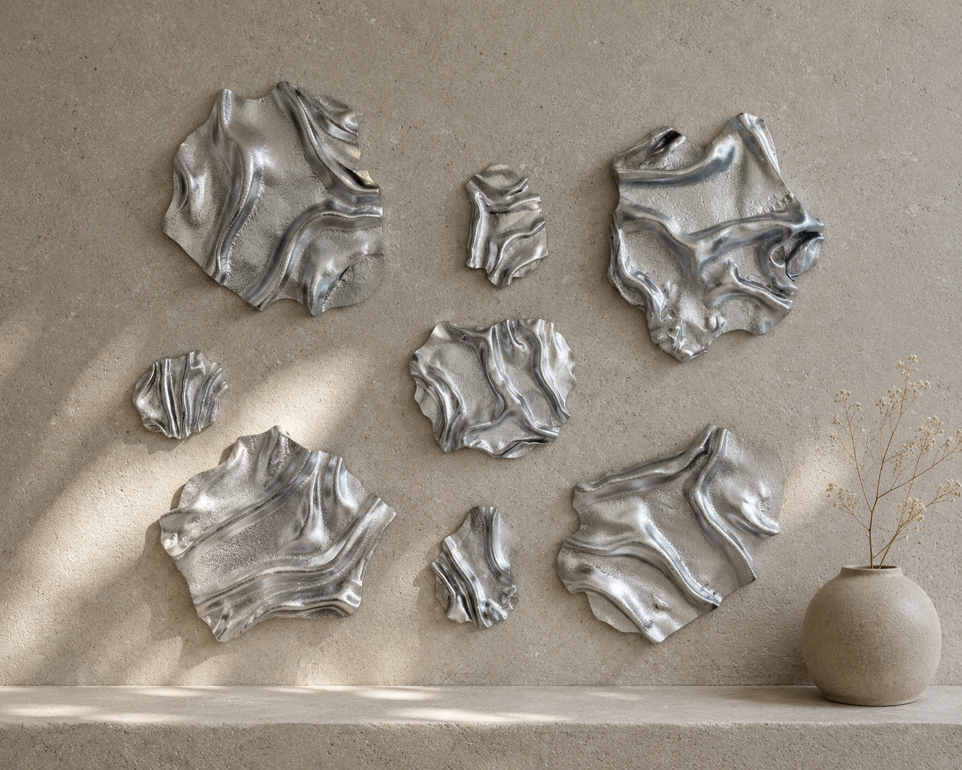 Swell Collection med håndlavet organisk vægkunst i sølv. Fem skulpturelle vægværker i forskellige størrelser med flydende former og moderne design til nordisk indretning.