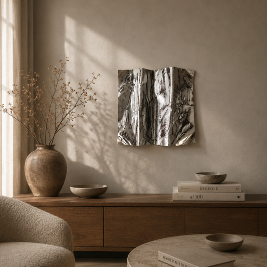 Moderne håndlavet aluminiumvægkunst i minimalistisk skandinavisk interiør. Abstrakt unika vægkunst fra Enjoy Design, der skaber et eksklusivt blikfang med organiske former, smukke refleksioner og et tidløst nordisk udtryk.