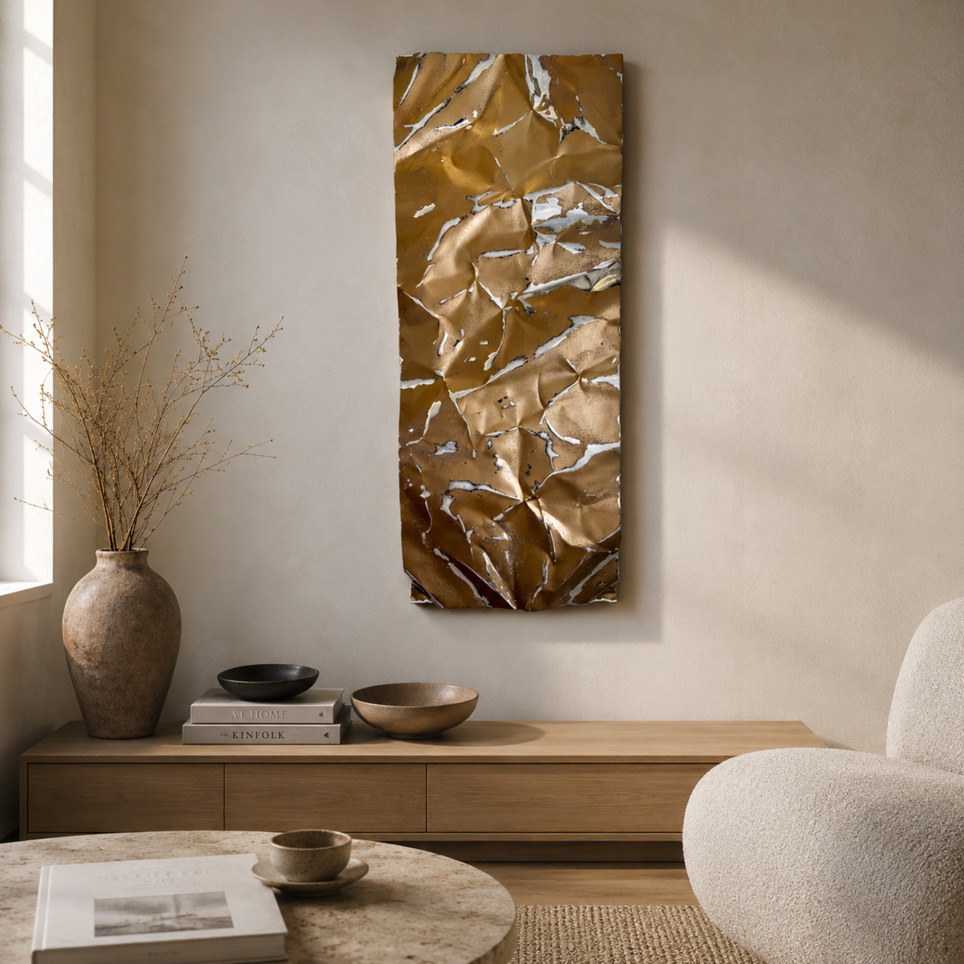 Moderne håndlavet aluminiumvægkunst i minimalistisk skandinavisk interiør. Abstrakt unika vægkunst fra Enjoy Design, der skaber et eksklusivt blikfang med organiske former, smukke refleksioner og et tidløst nordisk udtryk.