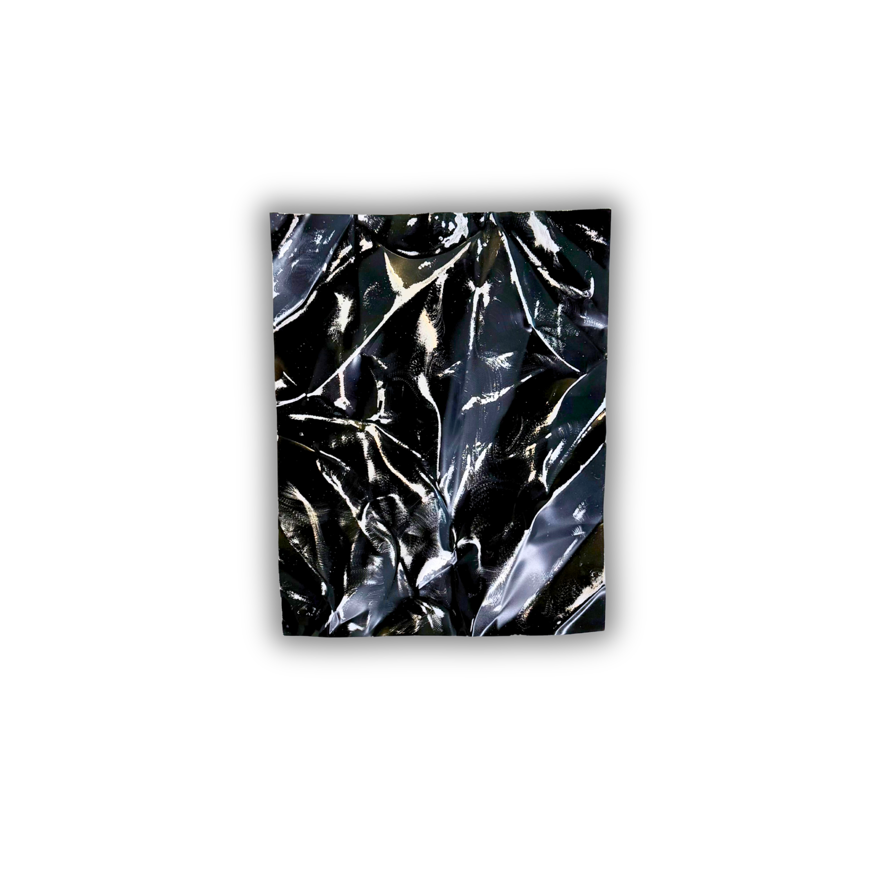 Ballader – Obsidian Mist No. 01. Håndlavet vægværk i aluminium med en dyb sort, højglans finish og skulpturelle, organiske folder, der reflekterer lyset og skaber et dramatisk udtryk. Værket måler 50 × 40 cm og kan hænges både lodret og vandret.