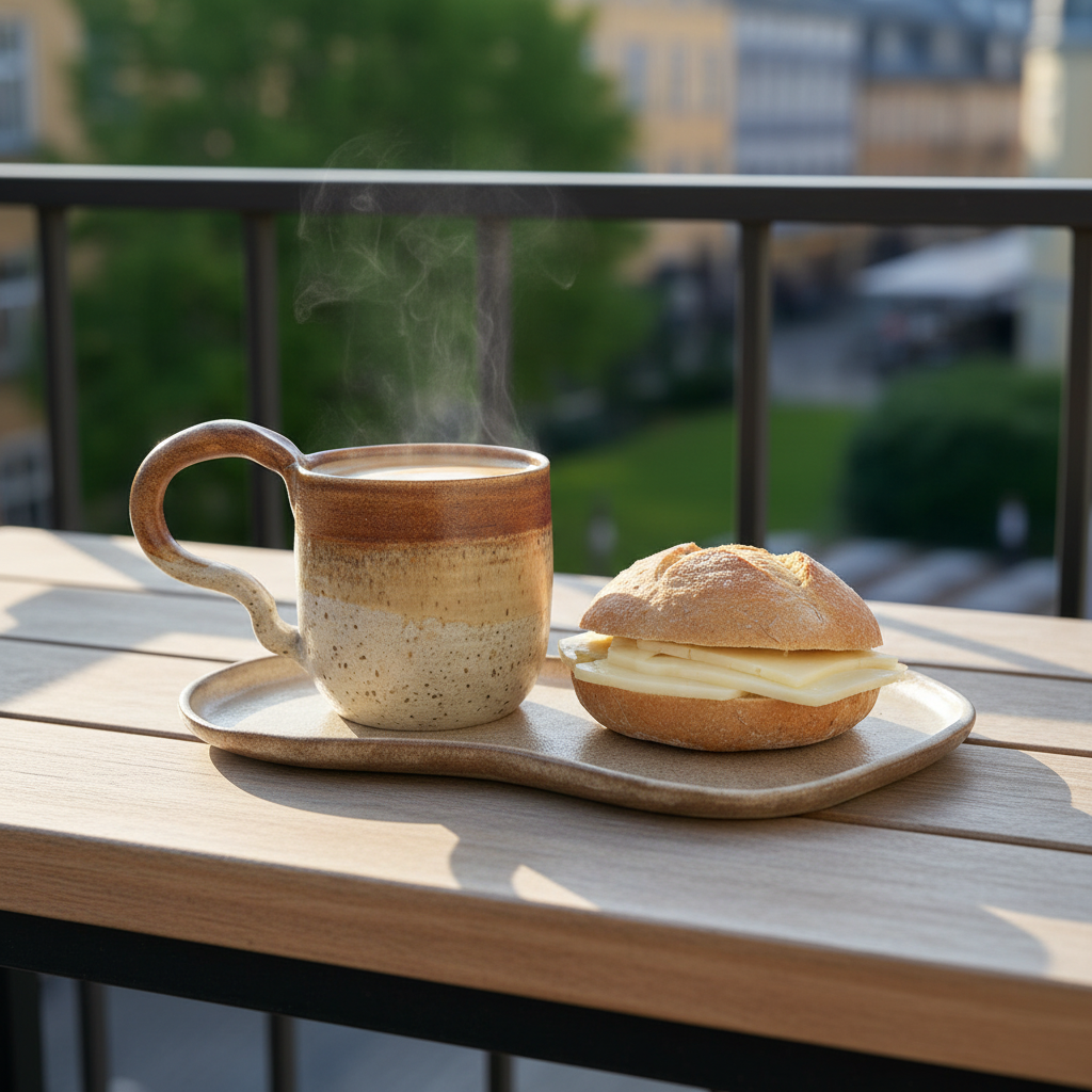 Brunt BMO sæt i håndlavet keramik med kaffe og bolle på altan i aftensol