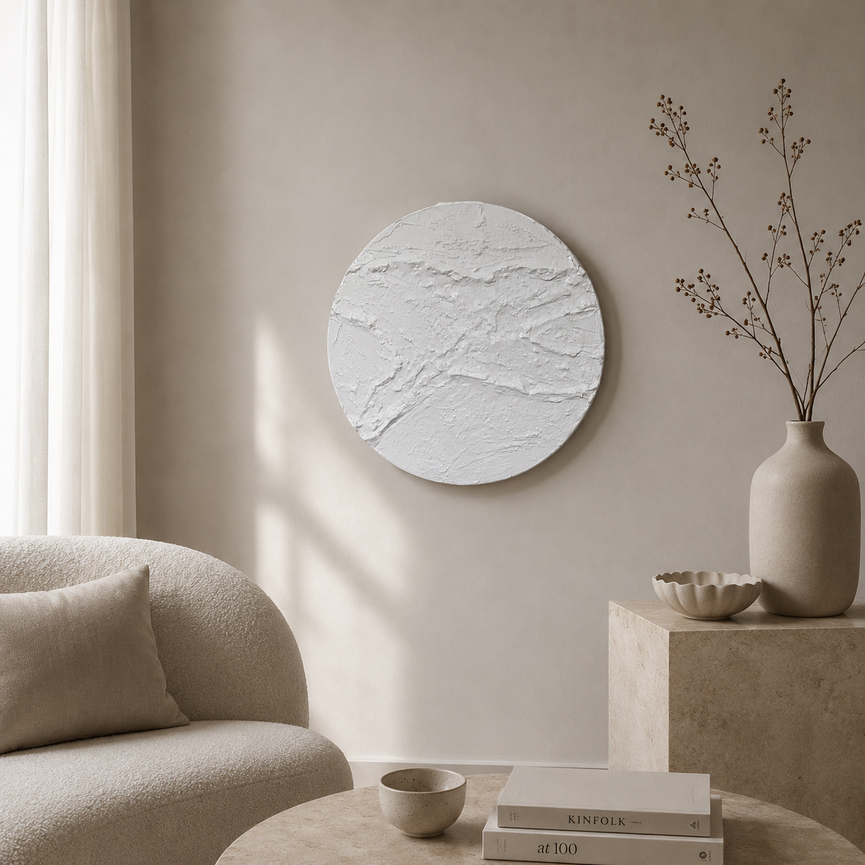 Håndlavet rundt teksturmaleri i hvid med organiske strukturer og et minimalistisk udtryk – Canvas – Ivory Veil No. 02.