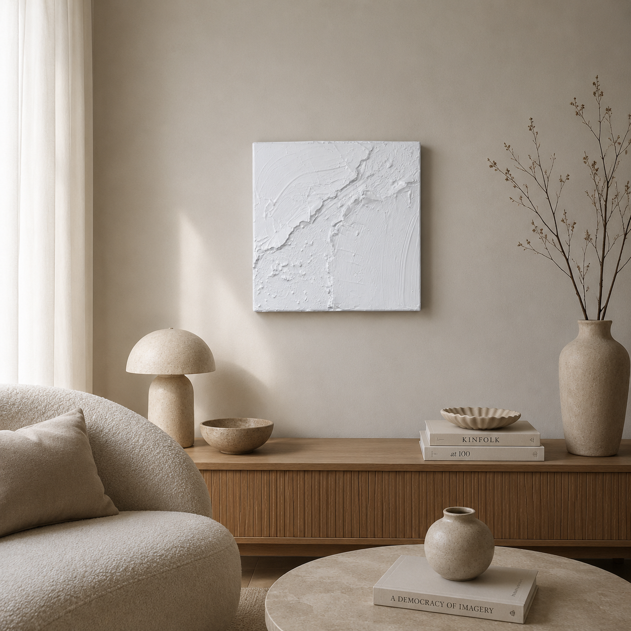 Håndlavet hvidt teksturmaleri på lærred med organiske strukturer og et minimalistisk udtryk – Canvas – Ivory Veil No. 03.