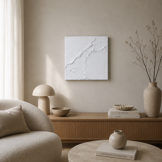 Håndlavet hvidt teksturmaleri på lærred med organiske strukturer og et minimalistisk udtryk – Canvas – Ivory Veil No. 03.