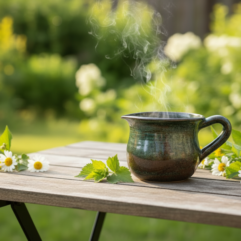 Ceramic pitcher with steam in summer garden