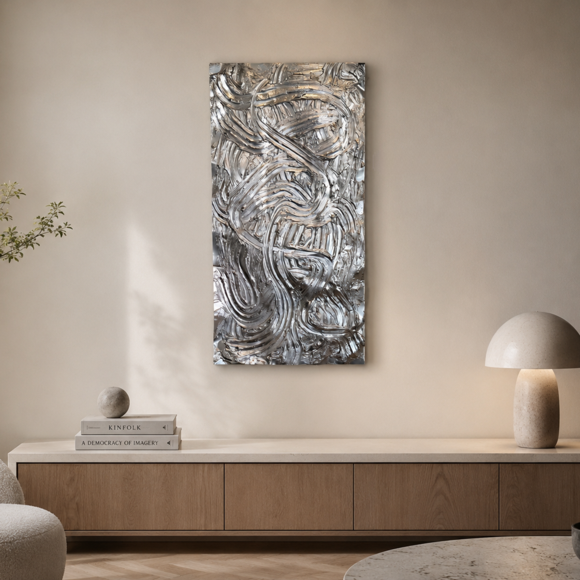 Sidevinkel af Canyon – River Veins No. 01, der viser den markante reliefstruktur og den tredimensionelle overflade på det håndlavede kunstværk.