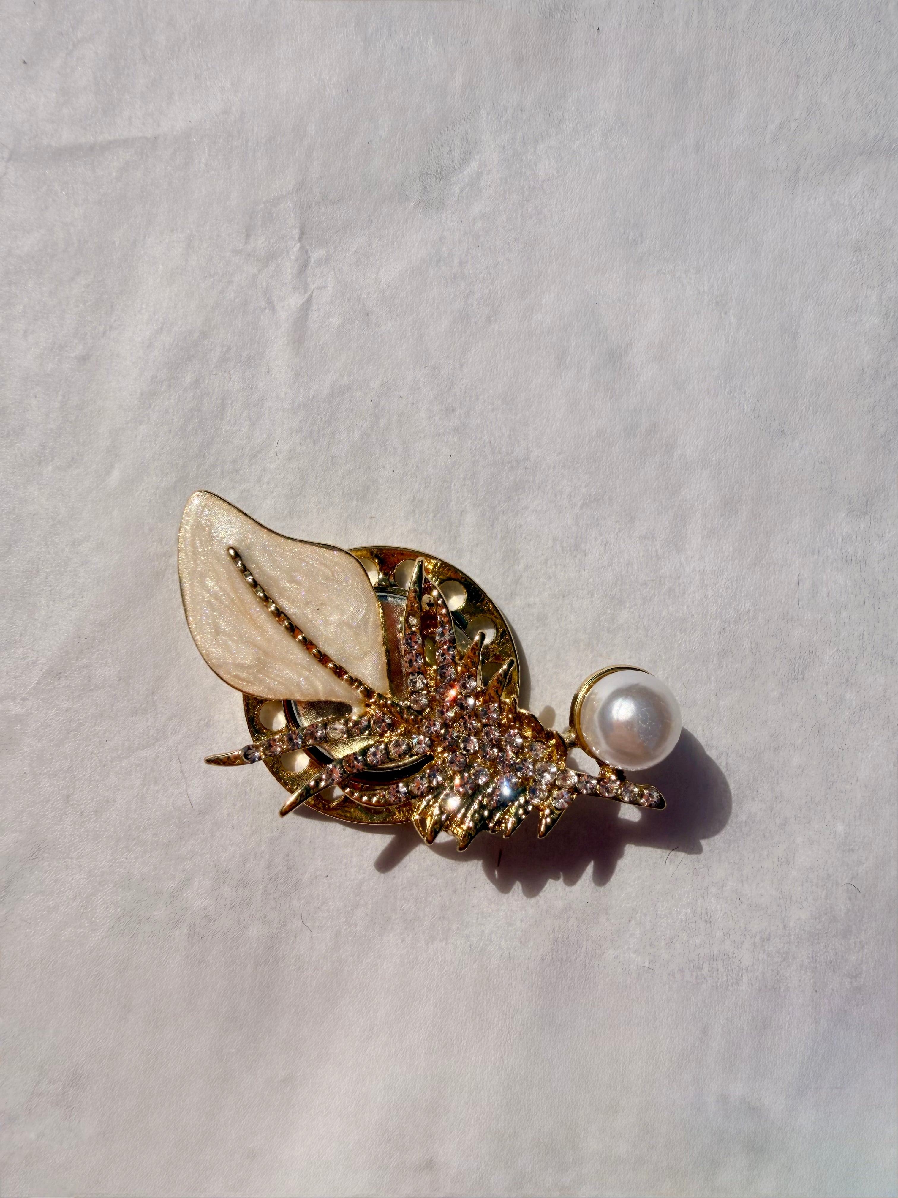 Elegant broche med magnet og dekorative gulddetaljer