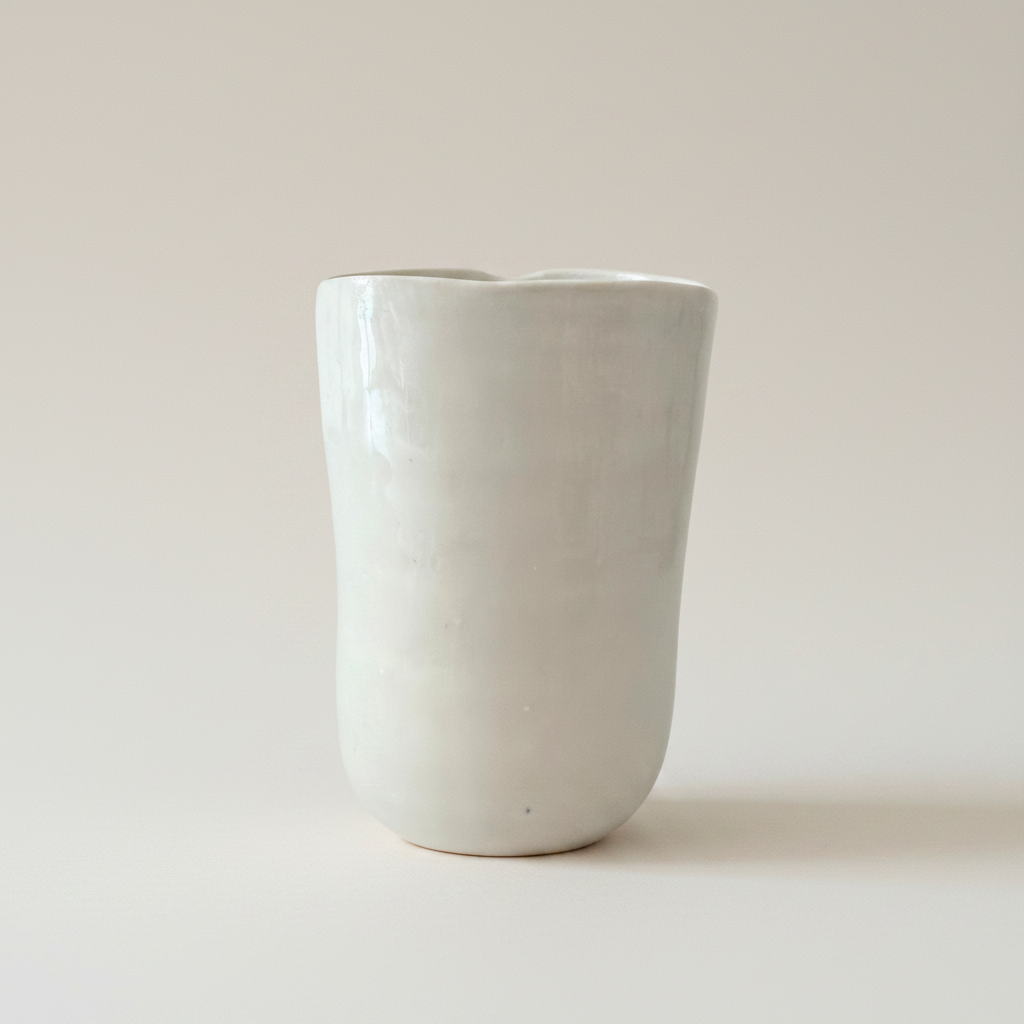 Enkelt håndlavet porcelænskrus med elegant blank glasur og organisk form i lyst studiemiljø.