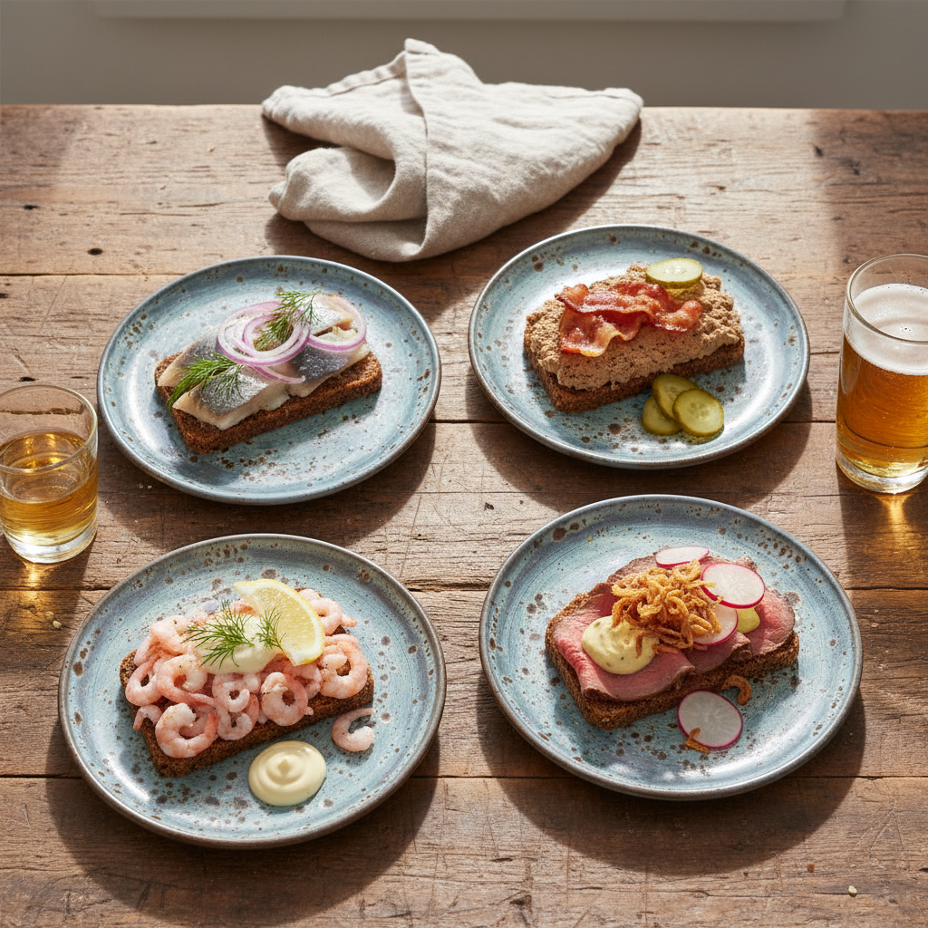 Håndlavede lyseblå stentøjstallerkener med klassisk dansk smørrebrød.