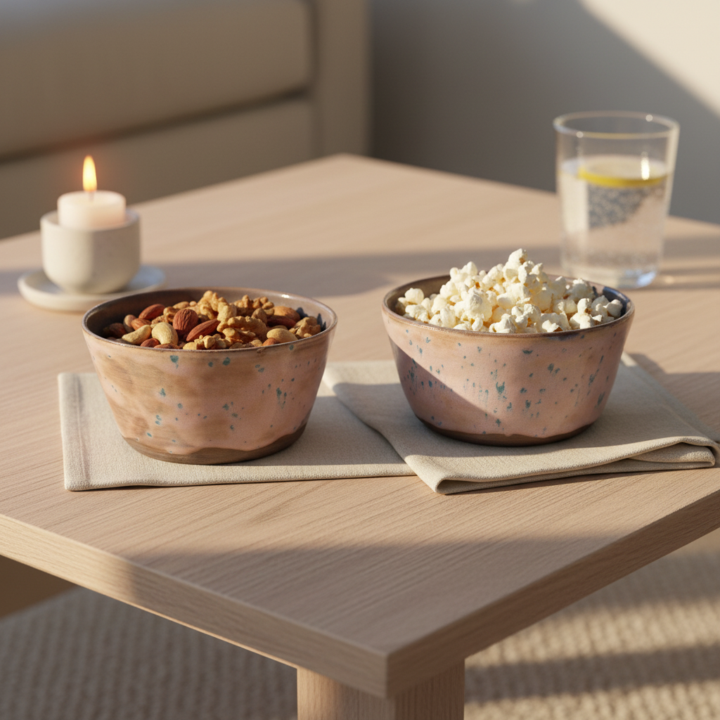 Håndlavede rosa keramikskåle serveret med snacks og popcorn.