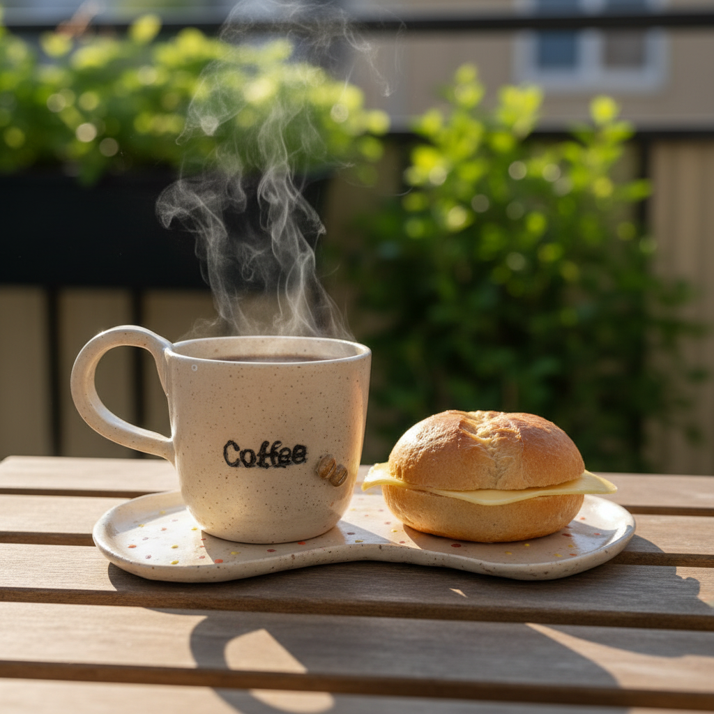 Håndlavet Coffee BMO sæt med keramik kop og konfetti-tallerken i morgensol på altan