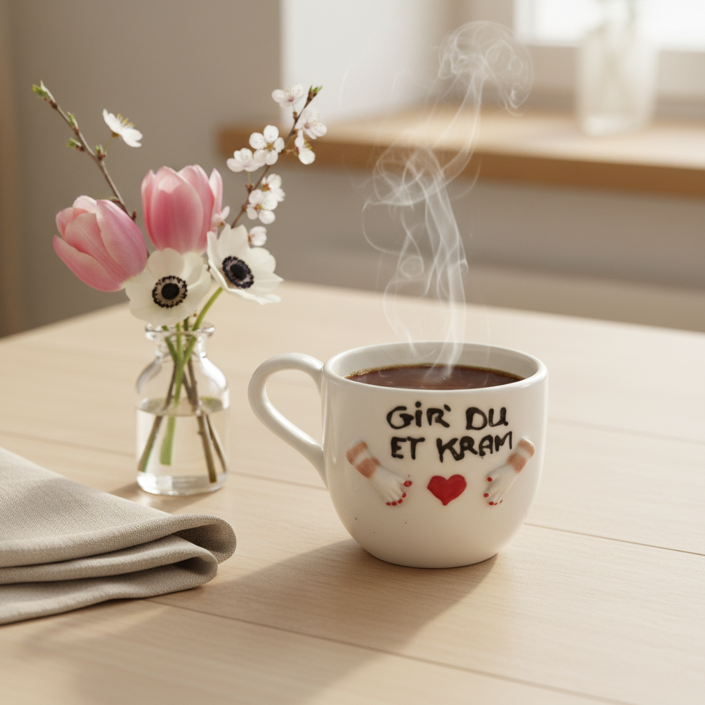 Håndlavet “Gir’ du et kram” krus med varm kaffe i hyggeligt nordisk morgenmiljø.