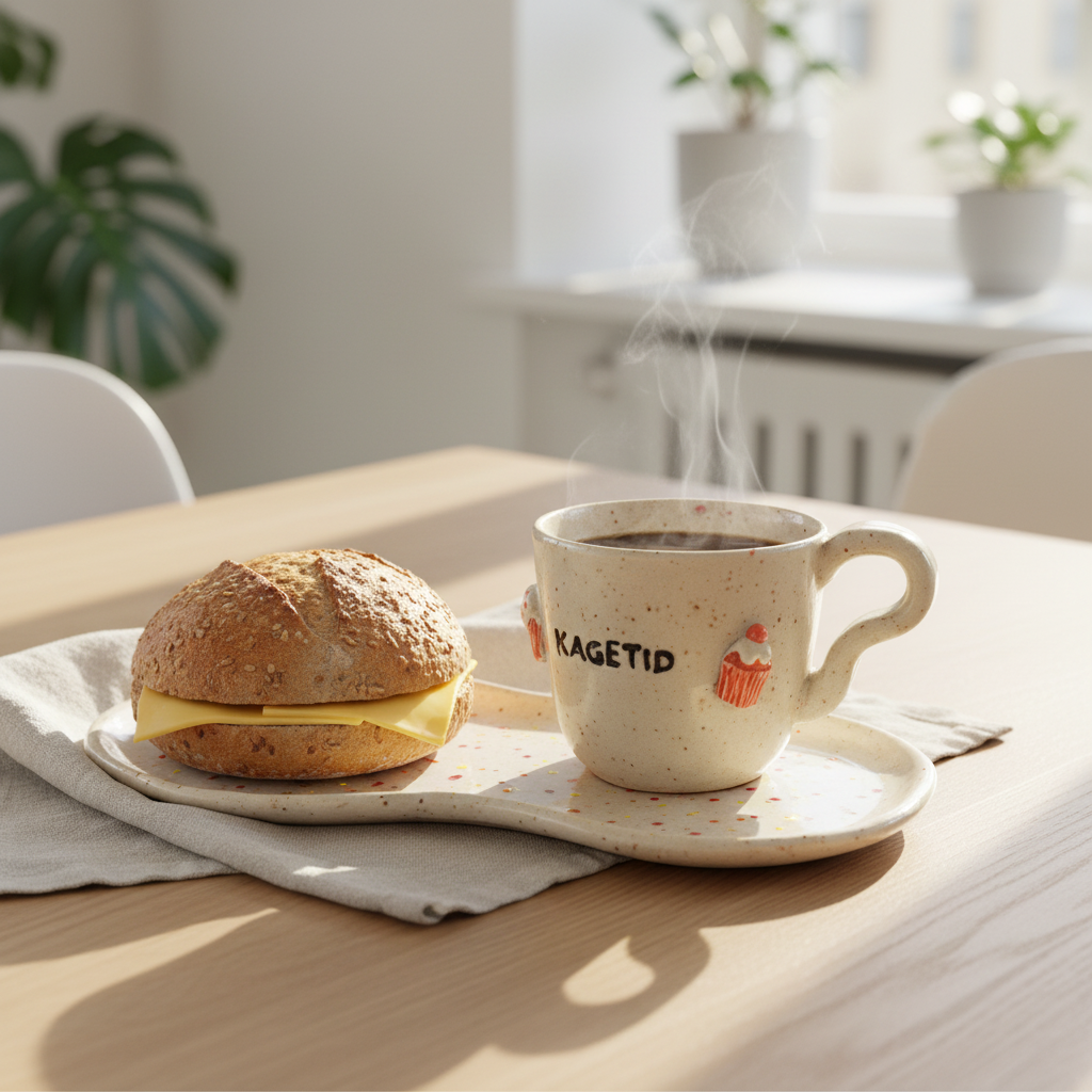 Håndlavet KAGETID-kop med konfettitallerken, varm kaffe og frisk bolle i lyst køkkenmiljø.