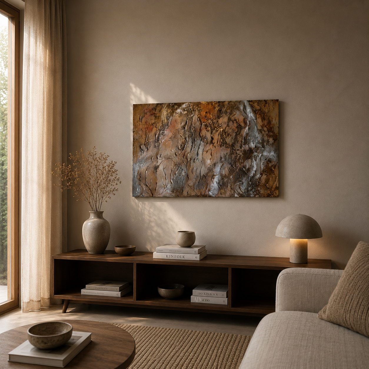 Håndlavet abstrakt aluminiumsvægkunst i 80x120 cm med organiske 3D-strukturer i bronze-, kobber- og sølvnuancer. Værket hænger i et moderne, minimalistisk skandinavisk interiør med egetræsskænk, keramik og varme naturtoner, hvor den skulpturelle overflade skaber et eksklusivt blikfang.