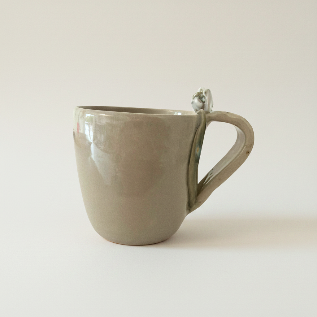 Håndlavet beige porcelænskrus med lille blomsterinspireret figur ved hanken og elegant nordisk formsprog.