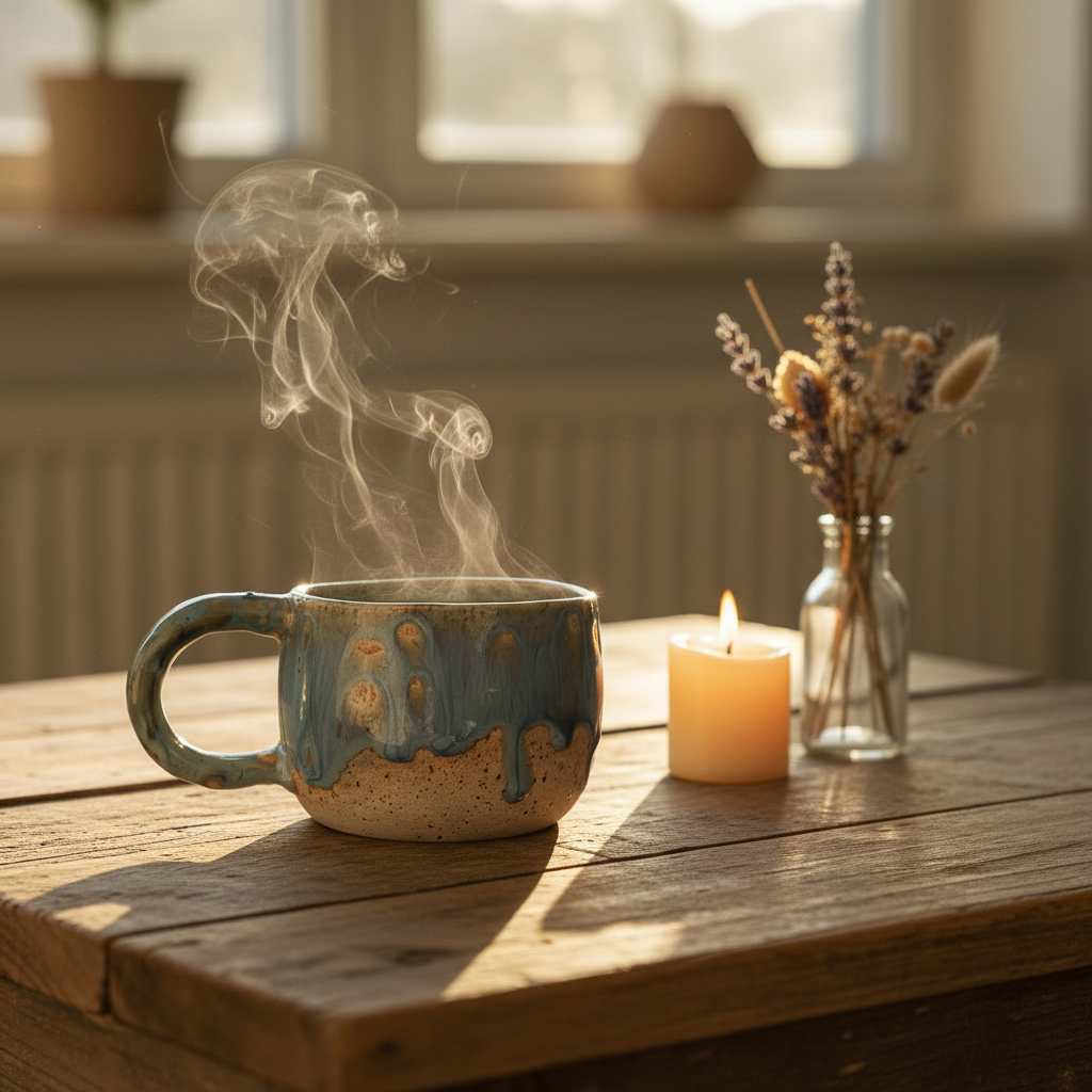 Håndlavet blå keramikkop med blå løbeglasur og varm kaffe i hyggeligt morgenlys.