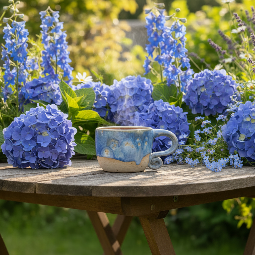 Håndlavet blå keramikkop med løbeglasur omgivet af blå blomster i varmt sommerlys.