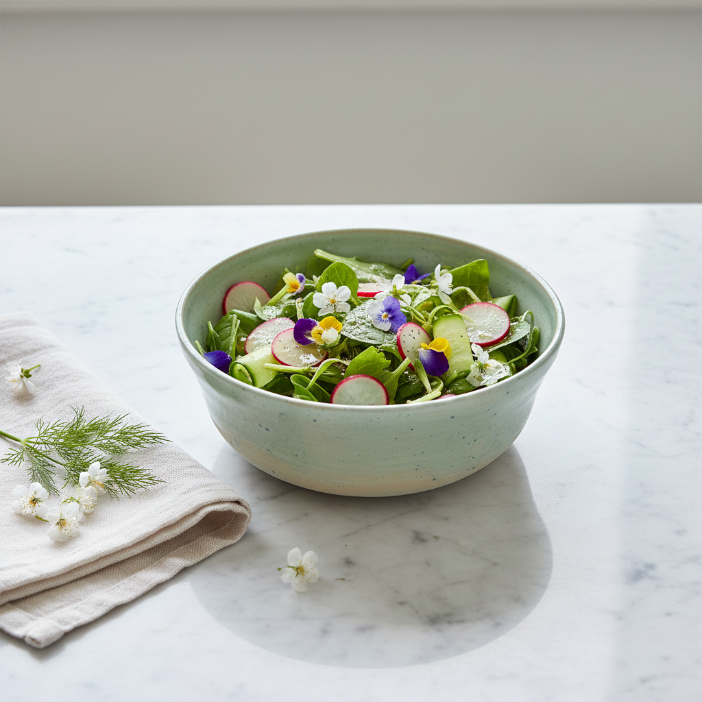 Håndlavet grøn keramikskål med frisk salat