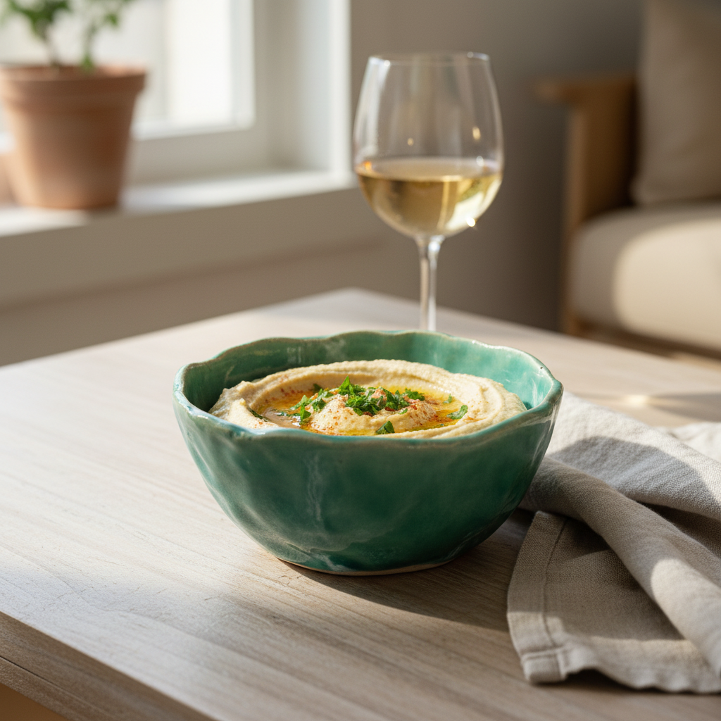 Håndlavet grøn keramikskål serveret med hummus og snacks.
