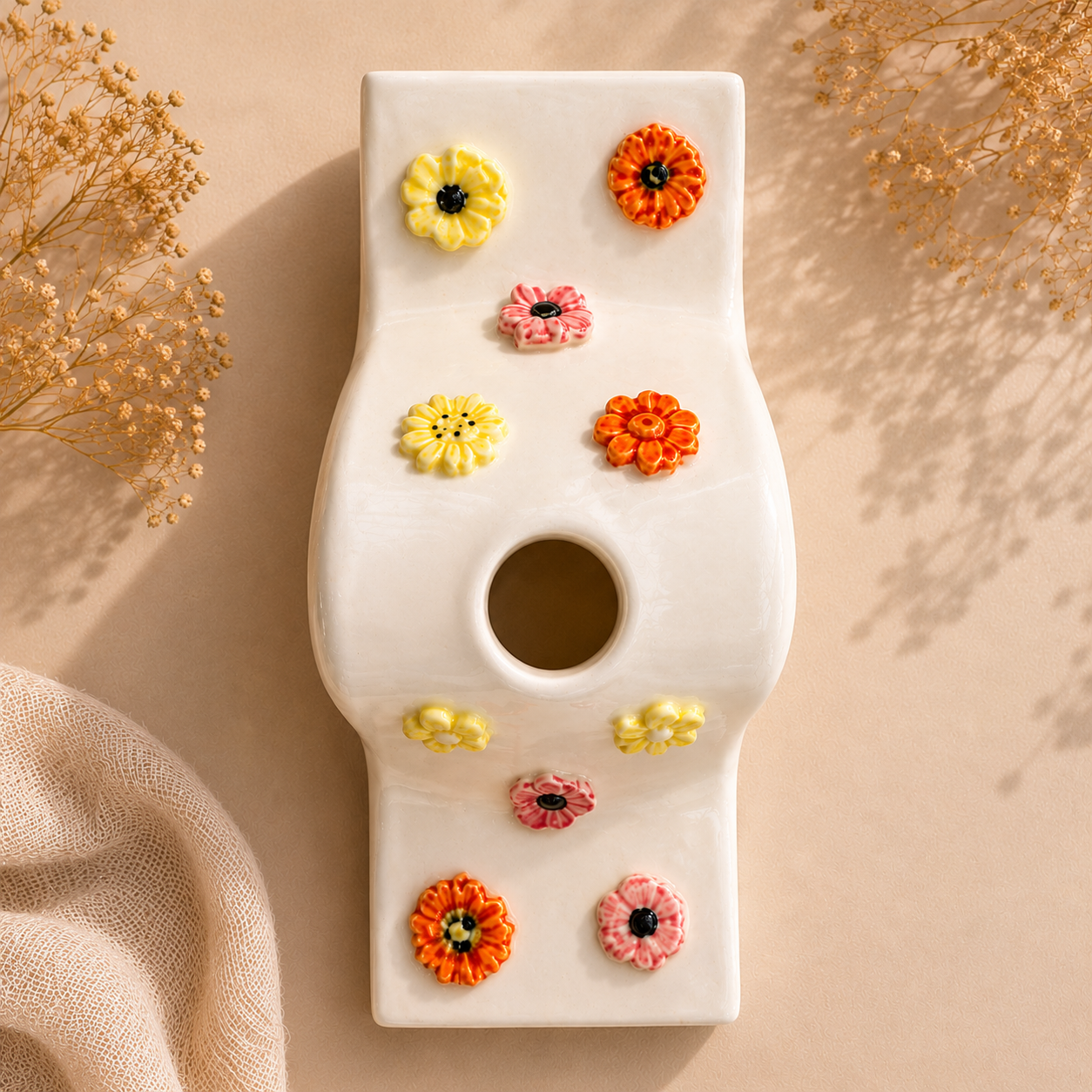 Håndlavet hvid keramisk lysestage med små blomster og højt stearinlys på lyst skandinavisk sommerbord.