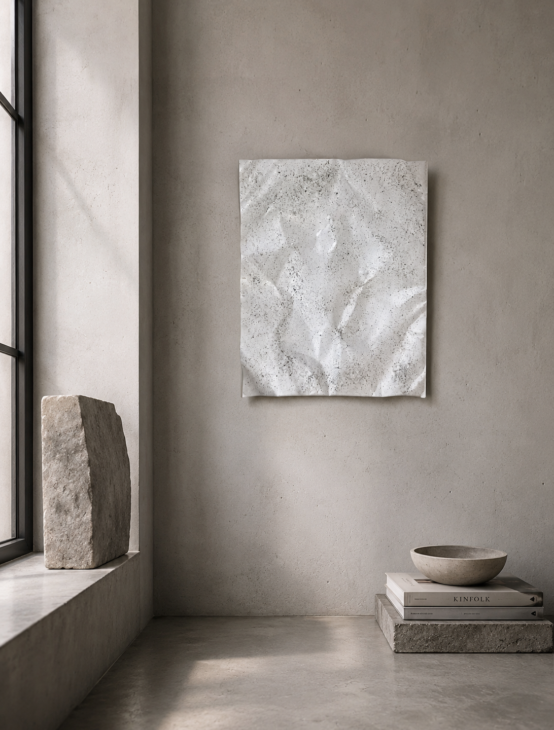 Moderne håndlavet vægkunst fra Enjoy Design i et minimalistisk studie med industrielle detaljer. Unikt kunstværk på 50 × 40 cm, der tilfører tekstur og et skandinavisk udtryk til indretningen.