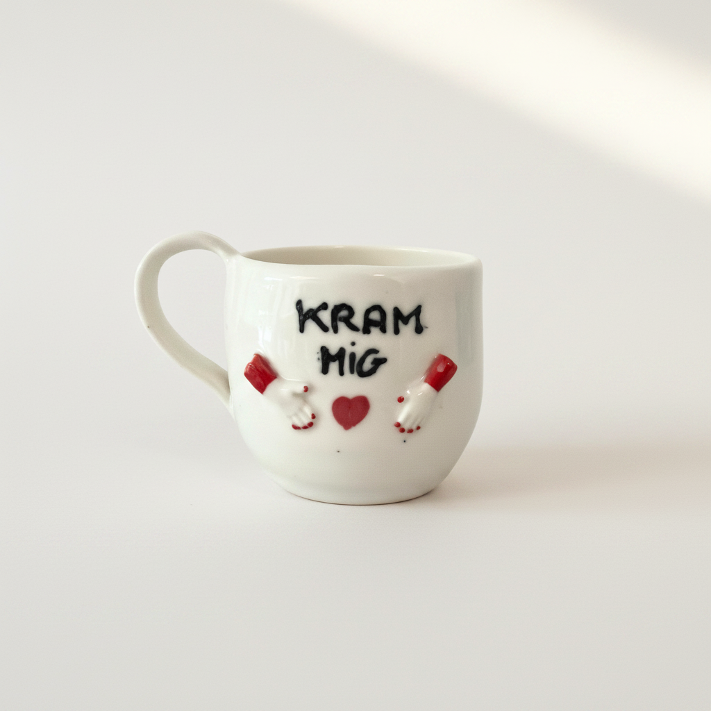 Håndlavet hvidt porcelænskrus med “KRAM MIG”-tekst, små hænder og rødt hjerte fotograferet i lyst studiemiljø.