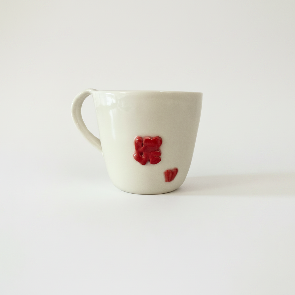 Håndlavet hvidt porcelænskrus med røde hjertedetaljer i enkelt lyst studiemiljø. Elegant og romantisk design til kaffe og te.