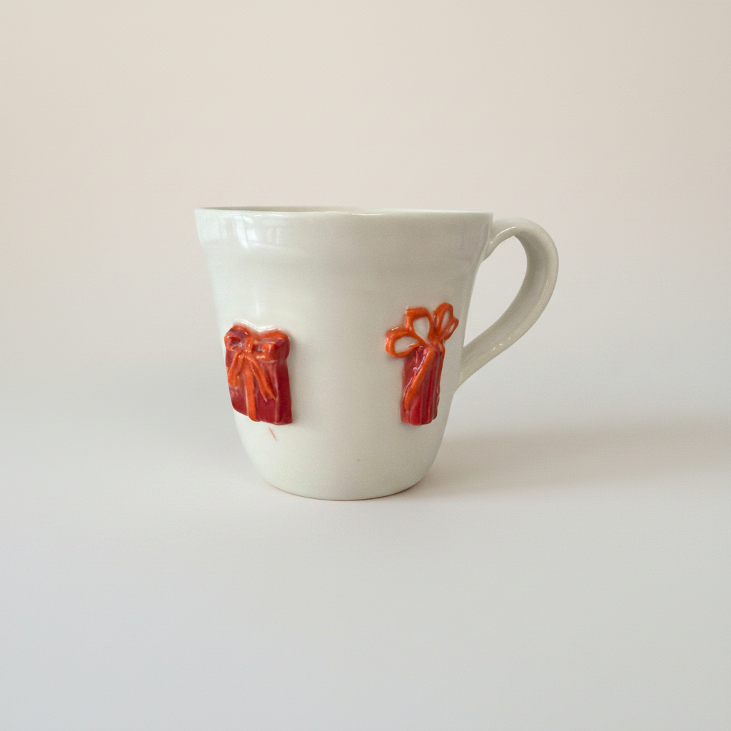 Håndlavet hvidt porcelænskrus med små røde gaveæsker som dekorative detaljer i lyst minimalistisk studiemiljø.