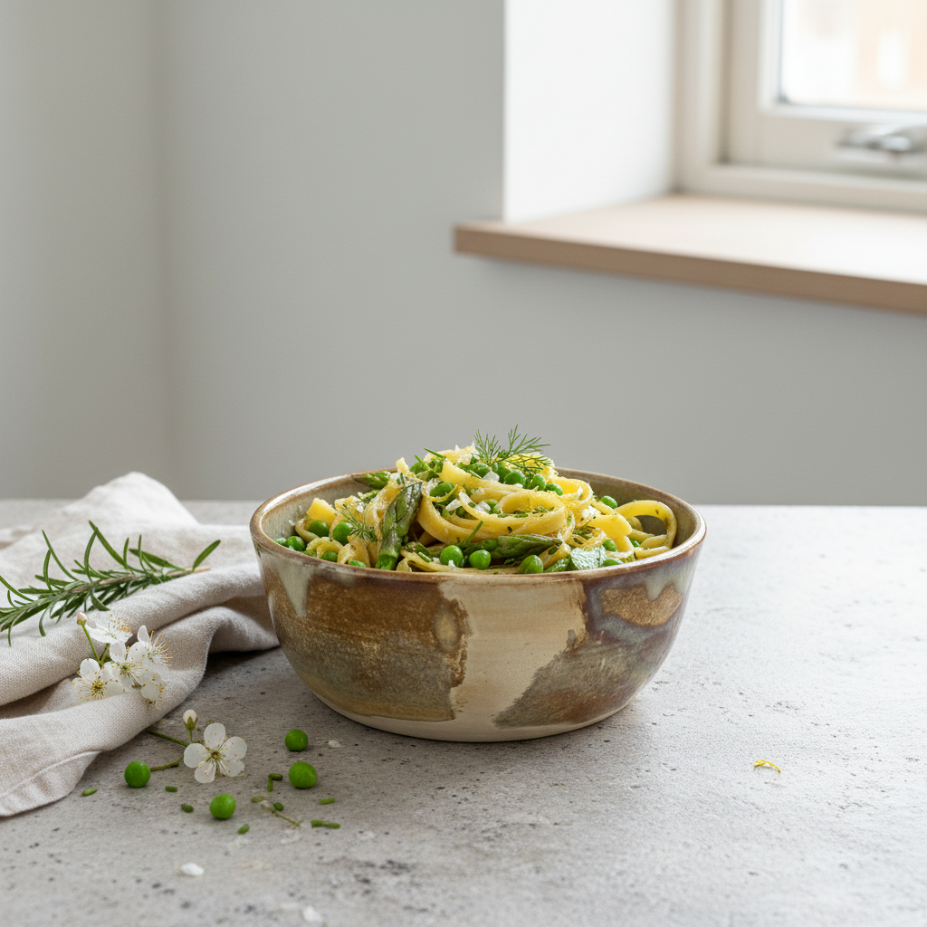 Håndlavet jordtonet keramikskål serveret med pastaret og friske urter