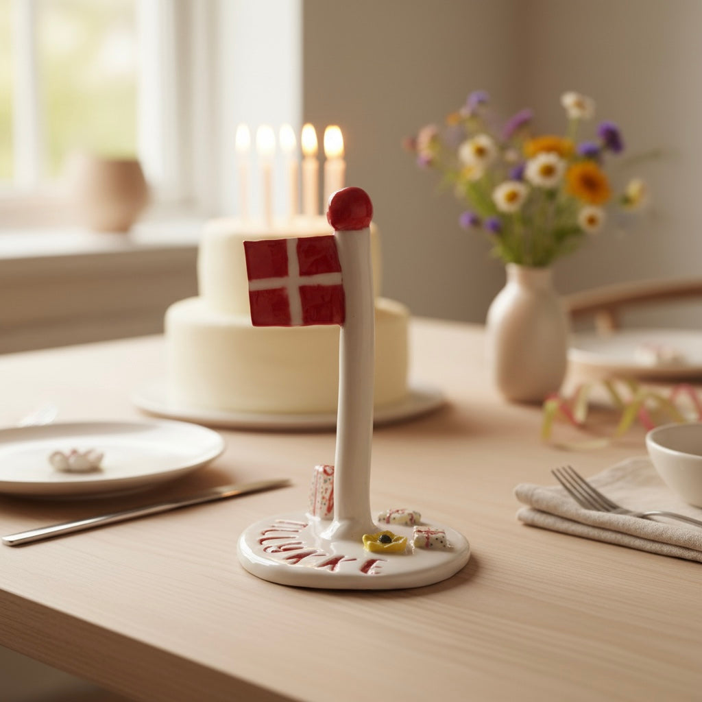 Håndlavet keramikflag med dansk flag på festbord