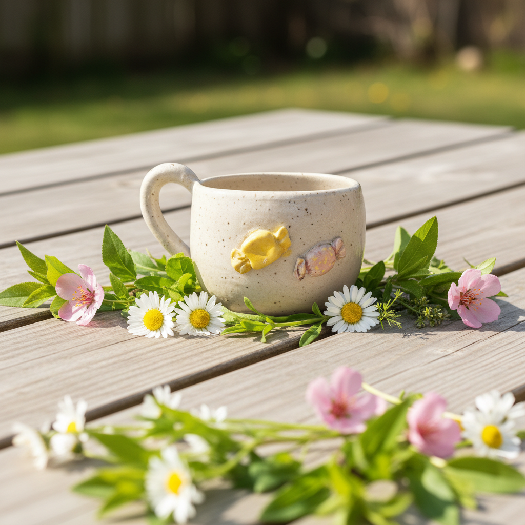 Håndlavet keramikkrus med farverige bolsjedetaljer omgivet af sommerblomster i varmt sollys.