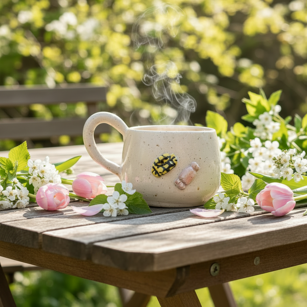 Håndlavet keramikkrus med karameller omgivet af blomster og varme sommerstemninger.