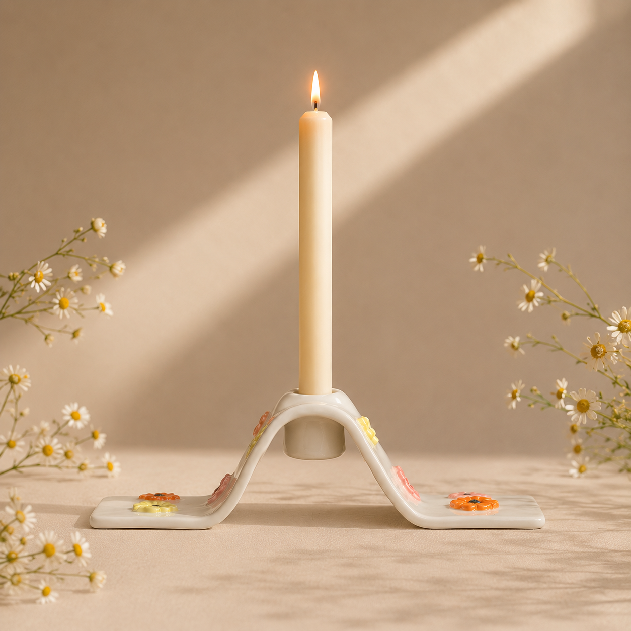 Håndlavet keramisk lysestage med blomsterdetaljer i et lyst og sommerligt skandinavisk miljø.