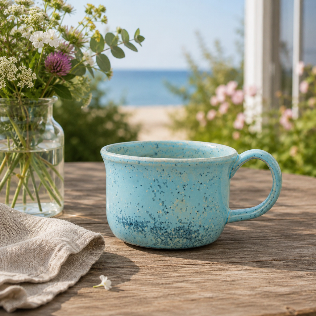Håndlavet lyseblåt keramikkrus i hyggeligt sommermiljø med naturligt lys og nordisk stemning. Perfekt til kaffe, te og rolige hverdagsøjeblikke.