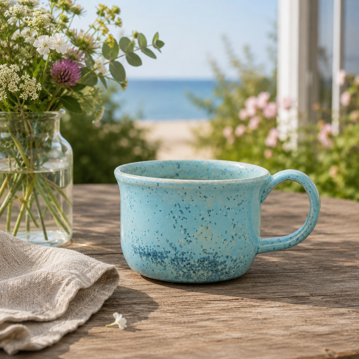 Håndlavet lyseblåt keramikkrus i hyggeligt sommermiljø med naturligt lys og nordisk stemning. Perfekt til kaffe, te og rolige hverdagsøjeblikke.
