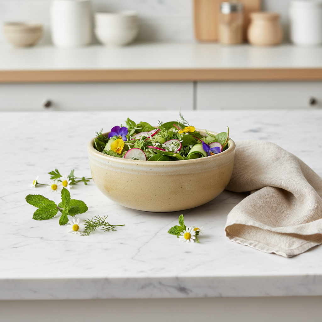 Håndlavet oliventonet keramikskål med frisk salat og spiselige blomster
