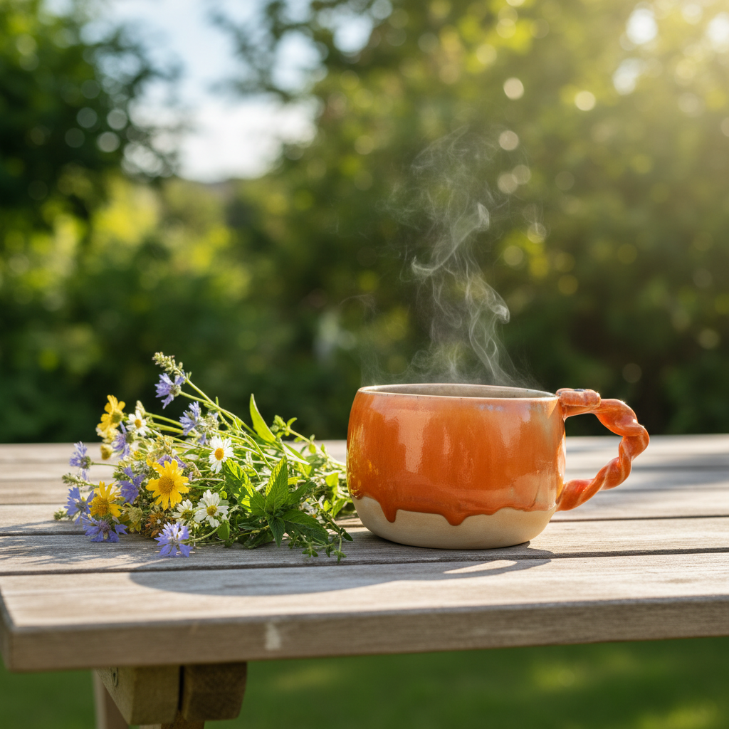 Håndlavet orange keramikkrus med varm kaffe placeret i sommerlys sammen med vilde blomster på træbord.