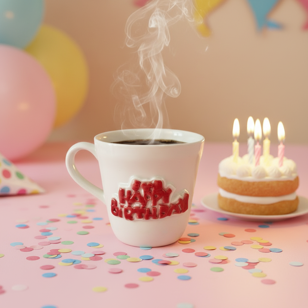 Håndlavet porcelænskrus med “Happy Birthday”-tekst og varm kaffe i festligt fødselsdagsmiljø med konfetti, balloner og lagkage med lys.