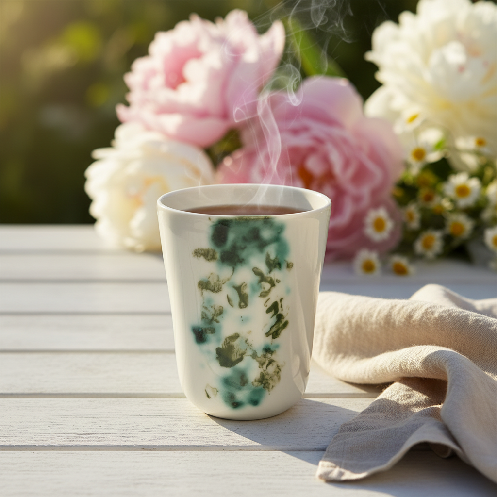 Håndlavet porcelænskrus med grøn botanisk glasur fyldt med varm kaffe i sommerligt blomsterunivers.