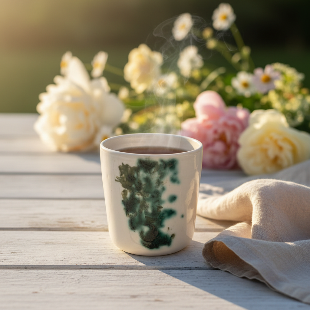 Håndlavet porcelænskrus med grøn marmorglasur fyldt med varm kaffe omgivet af blomster i blødt sommerlys.
