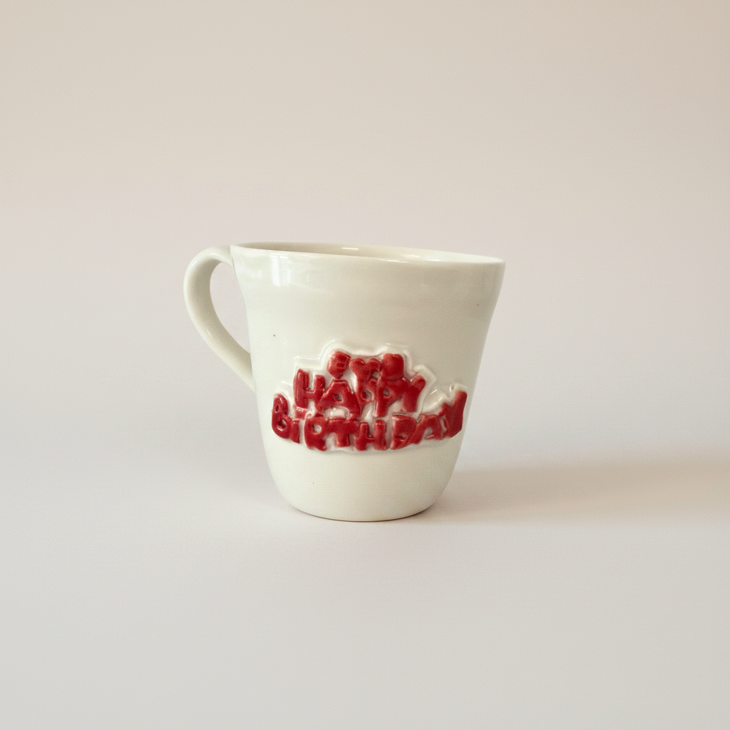Håndlavet porcelænskrus med rød “Happy Birthday”-tekst og blank porcelænsfinish. Personligt fødselsdagskrus til kaffe, te og gaveidéer.