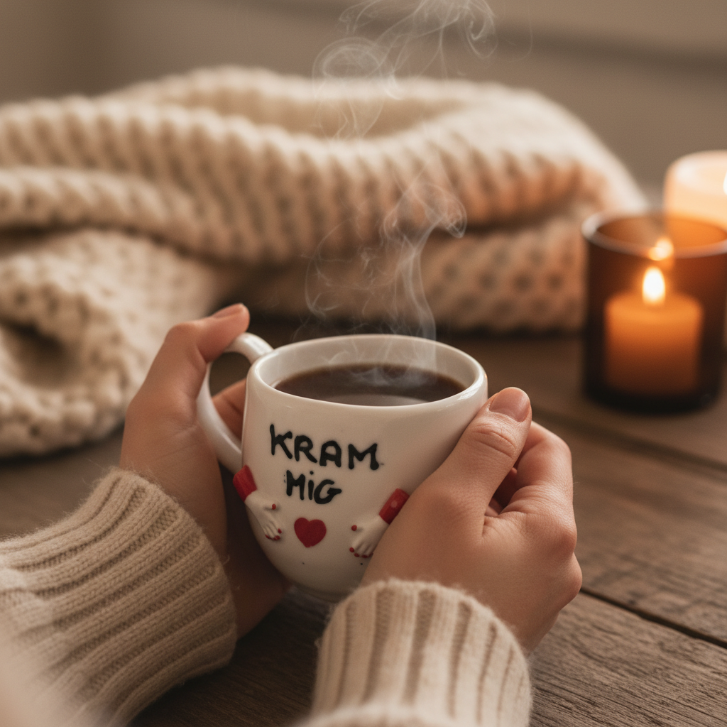 Håndlavet porcelænskrus med teksten “KRAM MIG” fyldt med varm kaffe i hyggeligt miljø med tæppe og stearinlys.