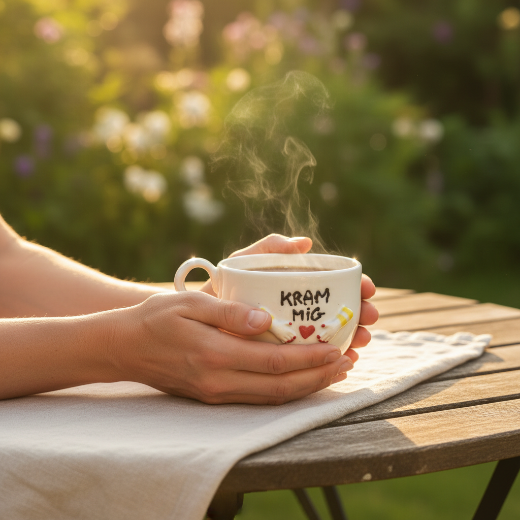Håndlavet porcelænskrus med teksten “KRAM MIG” fyldt med varm kaffe og holdt i hænder udendørs i blødt sommersollys.