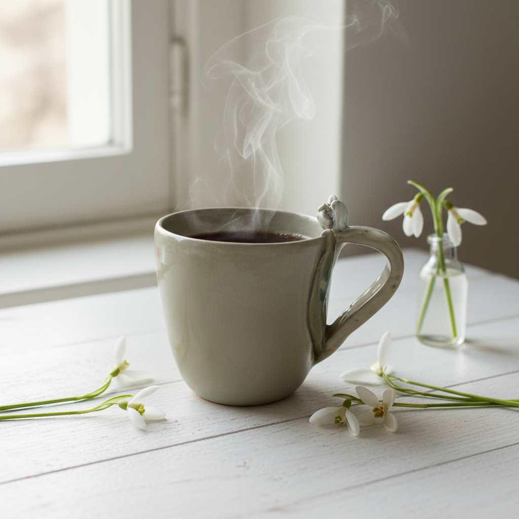 Håndlavet porcelænskrus med vintergækkeinspireret design og varm kaffe placeret i blødt naturligt vindueslys.