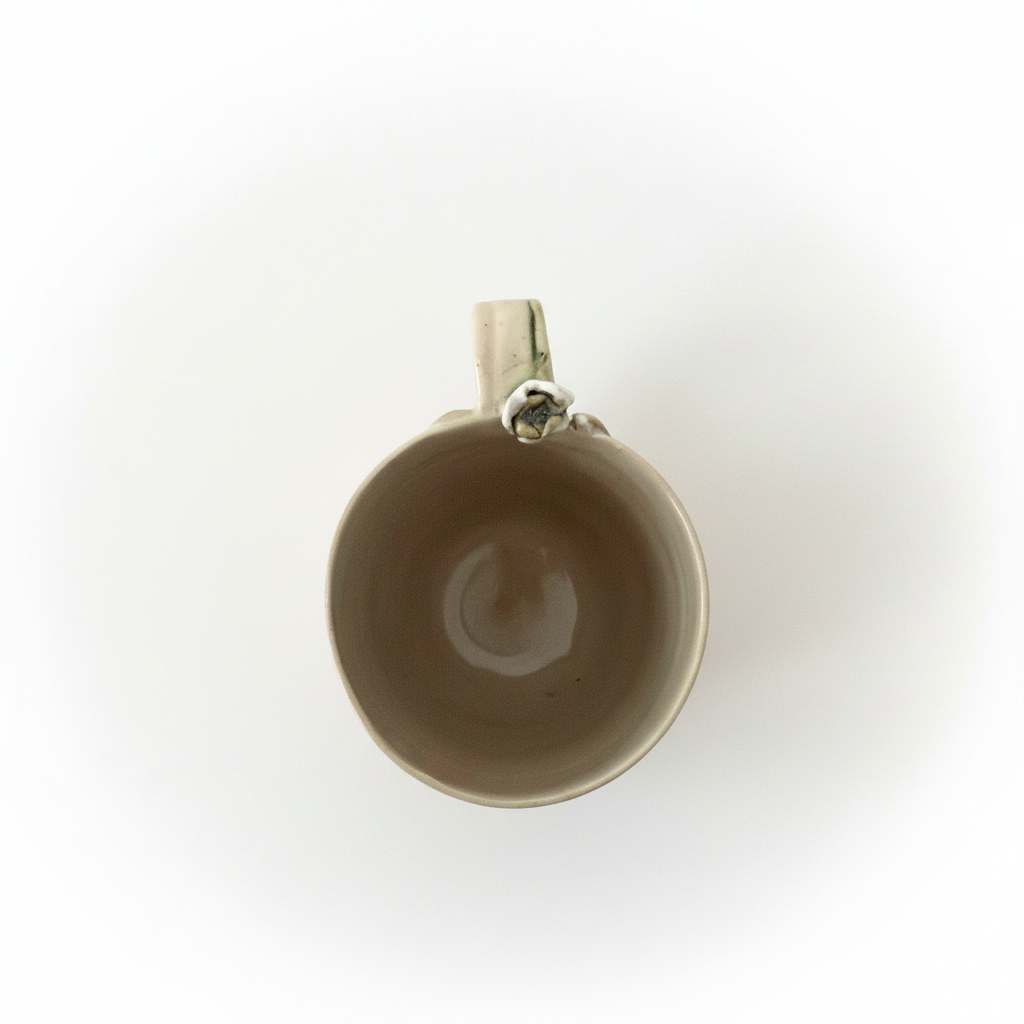 Håndlavet porcelænskrus set ovenfra med rund organisk form og blank beige glasur.