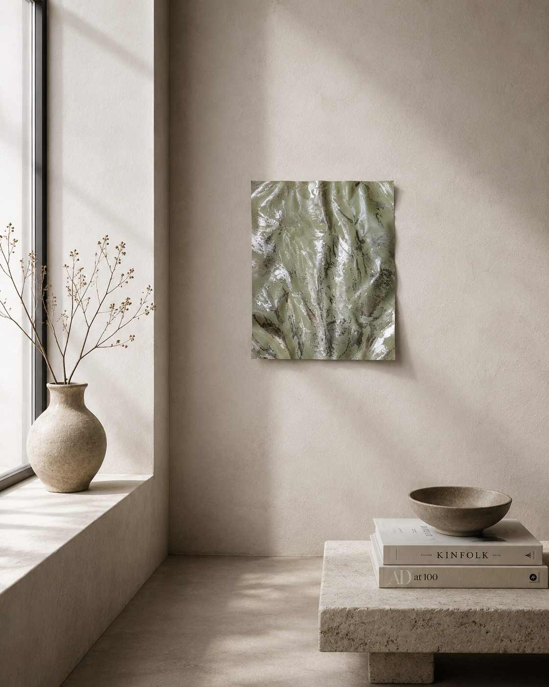 Moderne håndlavet vægkunst i salviegrønne nuancer fra Enjoy Design vist i et lyst, skandinavisk studiemiljø. Unikt kunstværk på 50 × 40 cm med organisk struktur og eksklusivt udtryk.