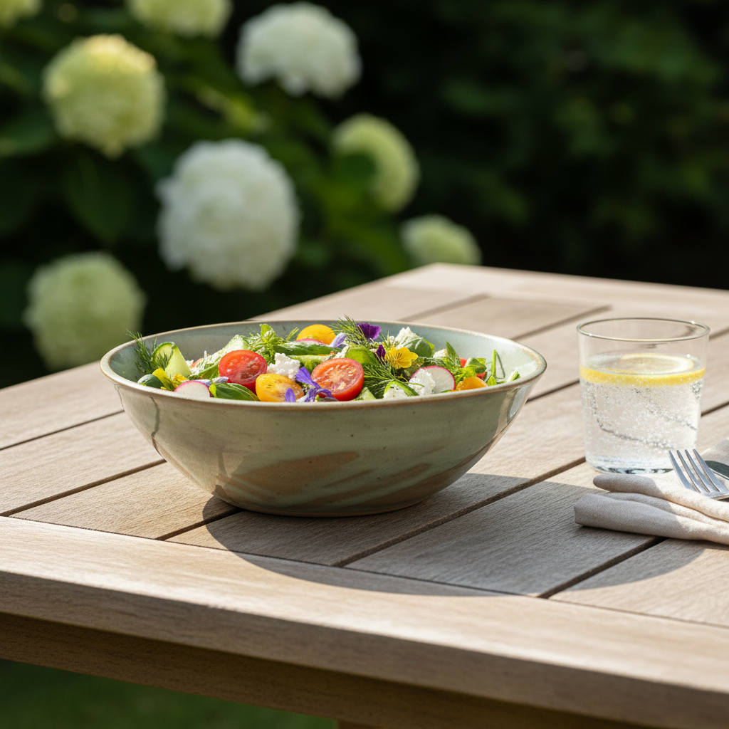 Håndlavet serveringsskål med frisk sommersalat og marmoreret celadonglasur.