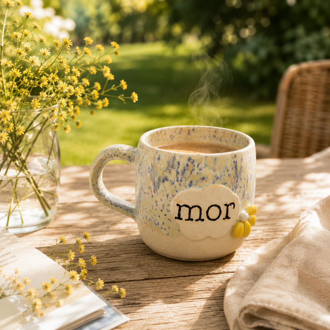 Håndlavet stentøjskop med teksten “mor” og lille gul blomsterdetalje i hyggelige sommerlige omgivelser.