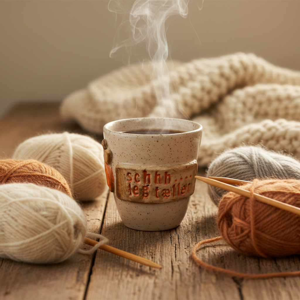 Håndlavet strikkekrus med varm kaffe omgivet af garn og strikkepinde i hyggeligt miljø.