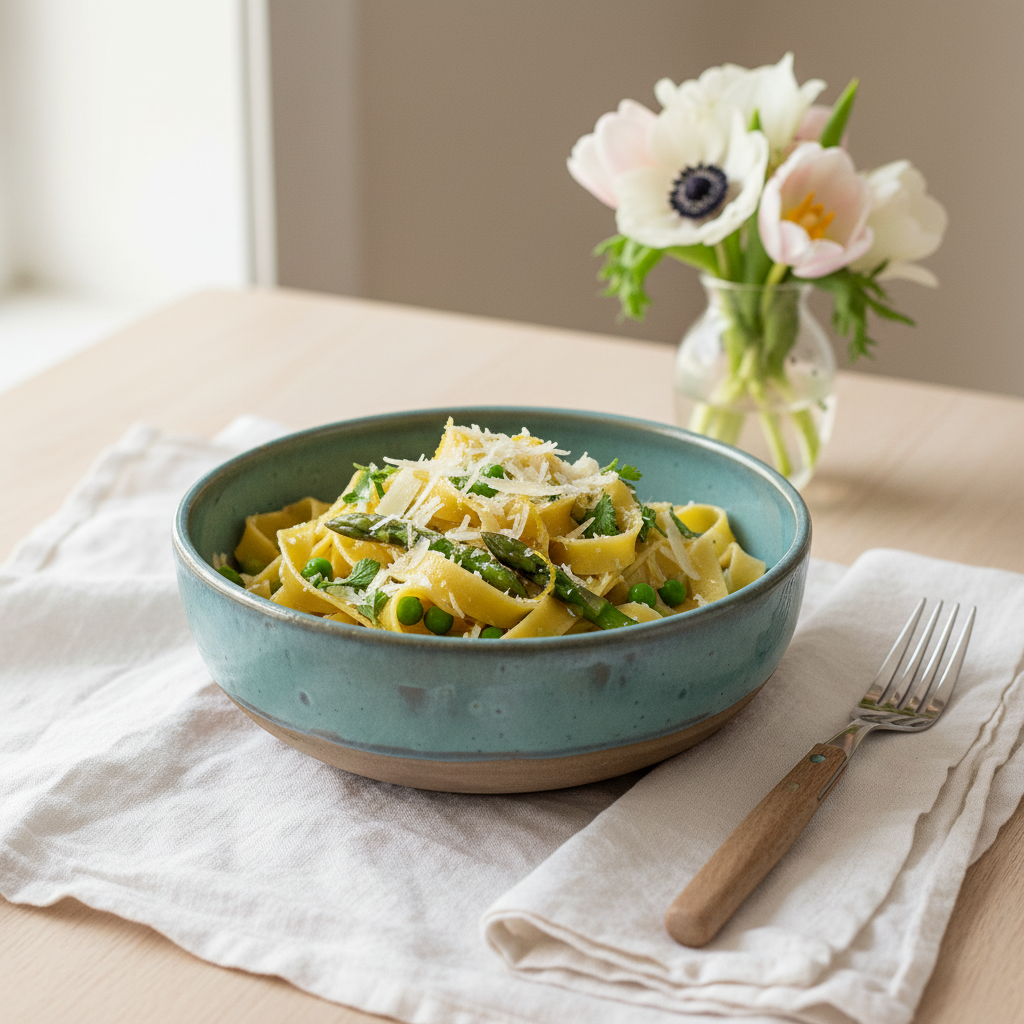 Håndlavet turkis serveringsskål med pasta, asparges og parmesan.